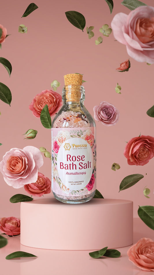 rose bath salt bottle from purezza